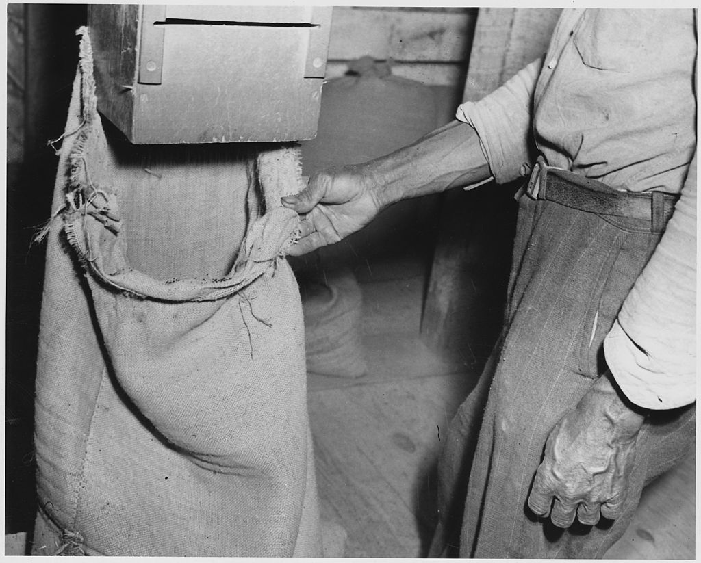 Newberry_County,_South_Carolina._Clean_seed_being_bagged_after_going_through_two_cleaning_machines_._._._-_NARA_-_522795