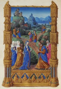 Os Apóstolos se despendem de Nossa Senhora antes de ir evangelizar, Très Riches Heures du Duc de Berry, Folio 122v, Limbourg brothers (1385-1416)
