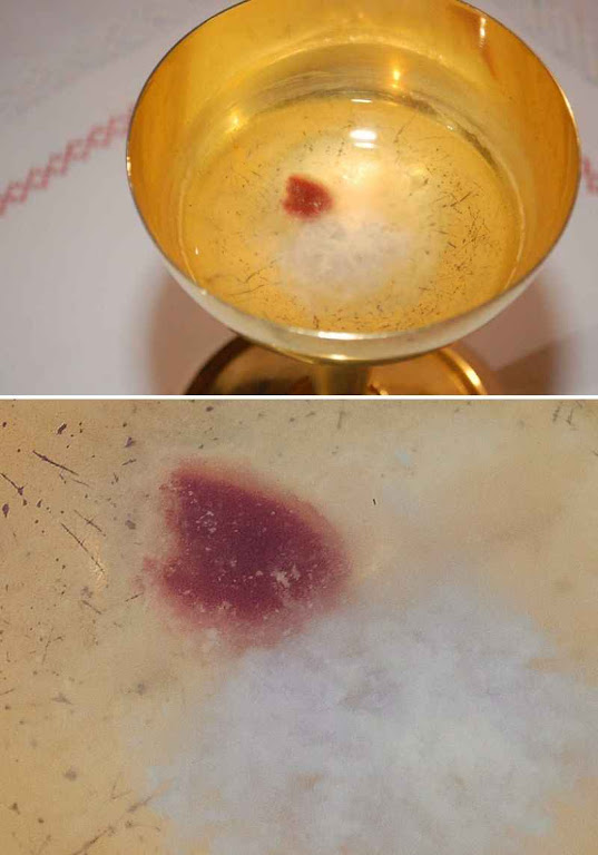 A hóstia que devia se dissolver começou a transudar sangue e formar tecido (foto acima). Embaixo ampliação.